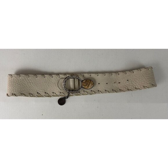 LEATHEROCK Ivory Leather Wide Belt With Whip Stitch Detail W/Stone Buckle Sz XL main image 4